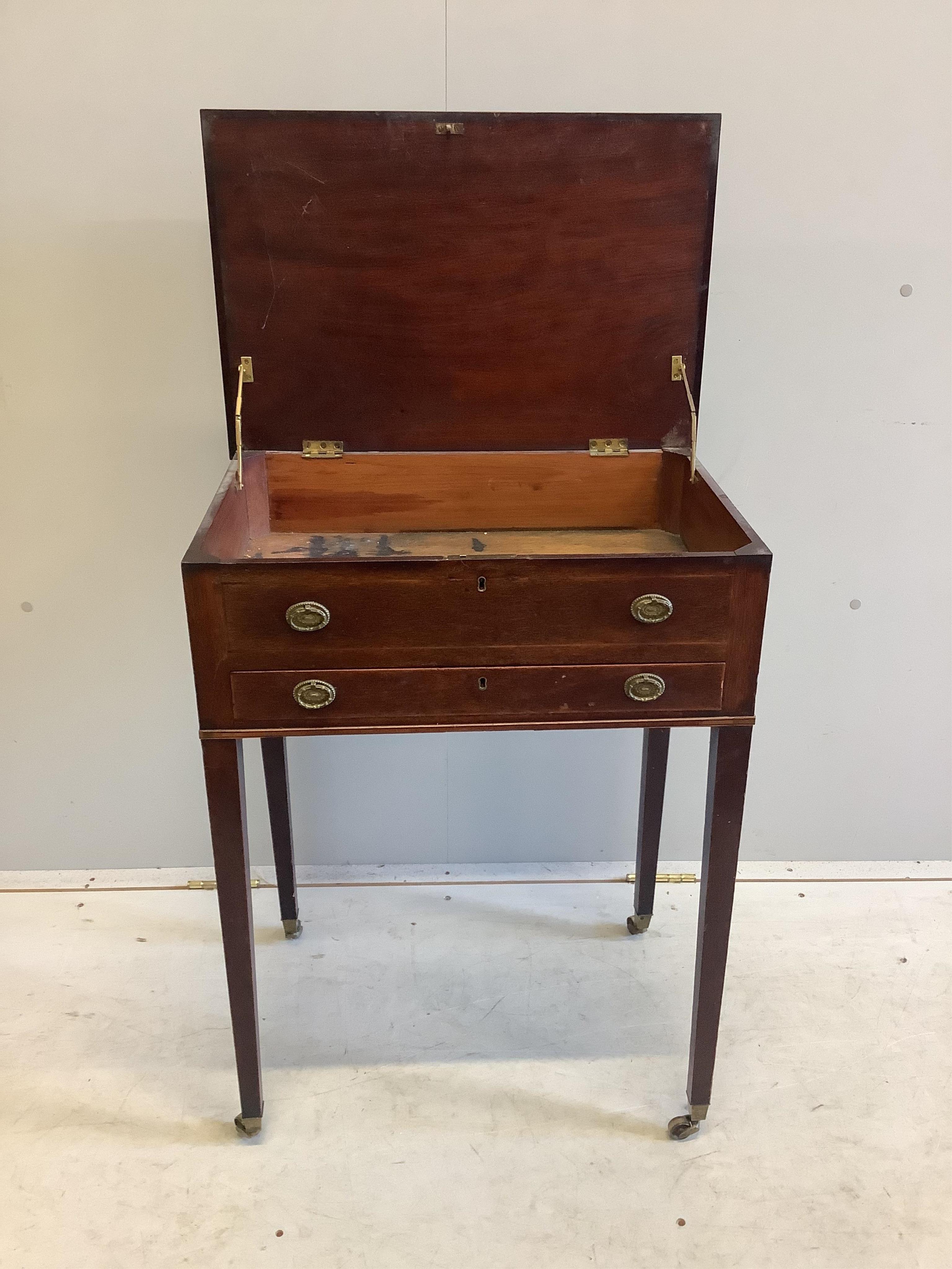 A George III mahogany hinged top work table, width 56cm, depth 38cm, height 75cm. Condition - fair